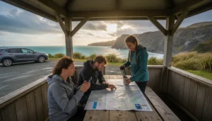 Travellers choosing an eSIM while planning a self-drive road trip through New Zealand
