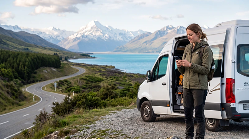 Traveller using a New Zealand eSIM during a scenic road trip
