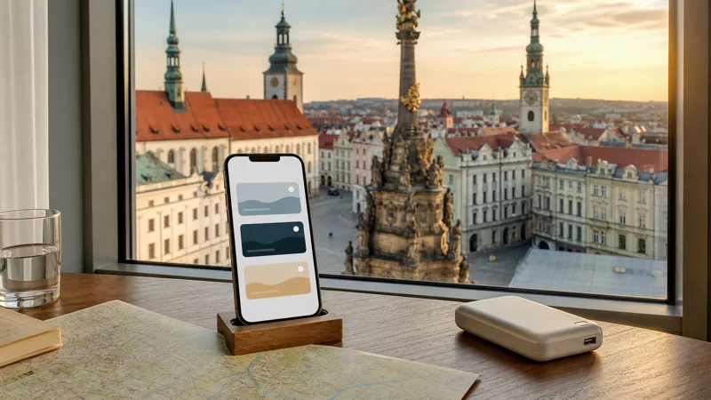 Travel eSIM plan comparison overlooking Olomouc.