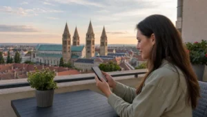 Traveller comparing eSIM data plans for a trip to Pécs, Hungary