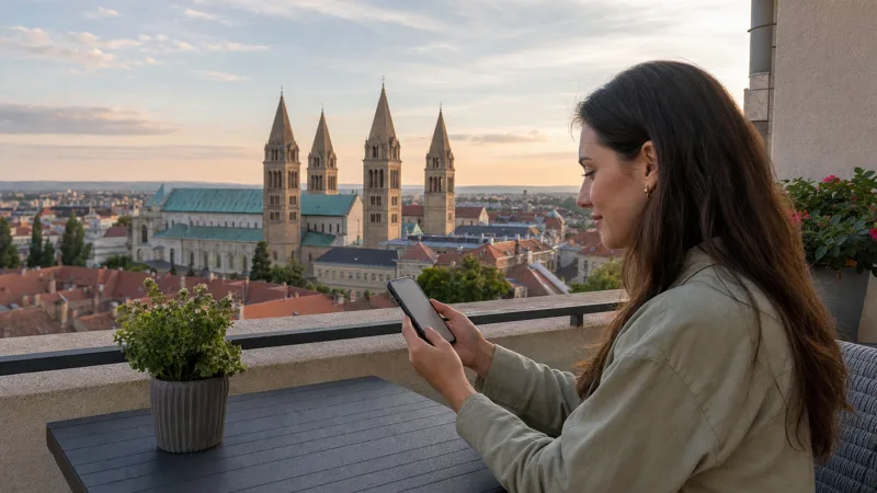 Traveller comparing eSIM data plans for a trip to Pécs, Hungary