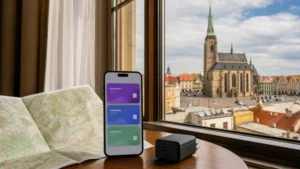 Travel eSIM plan comparison overlooking Pilsen.