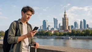Traveller comparing eSIM data plans beside the Warsaw skyline in Poland.