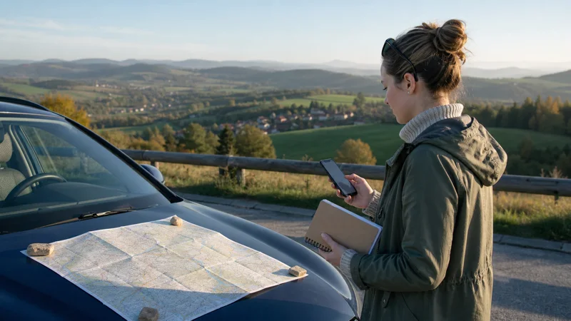 Passenger comparing eSIM plans beside a safely parked car in Poland.