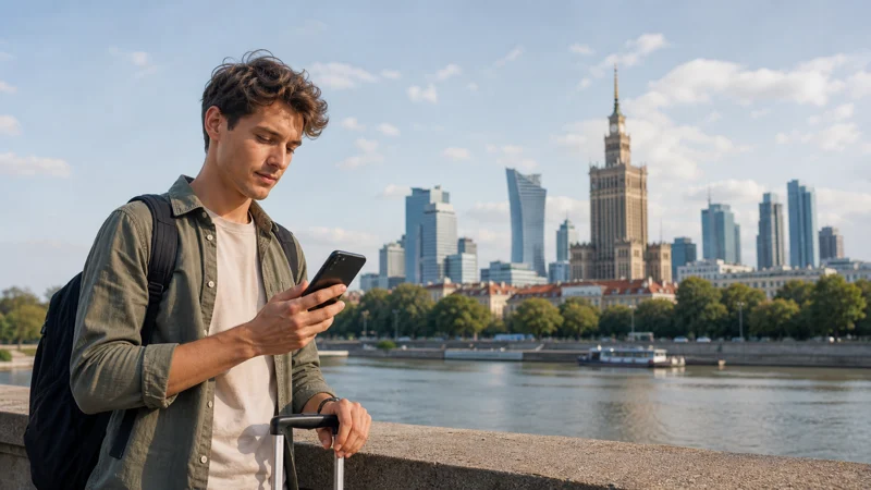 Traveller comparing eSIM data plans beside the Warsaw skyline in Poland.