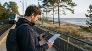 Traveller comparing eSIM plans on the Polish Baltic coast.