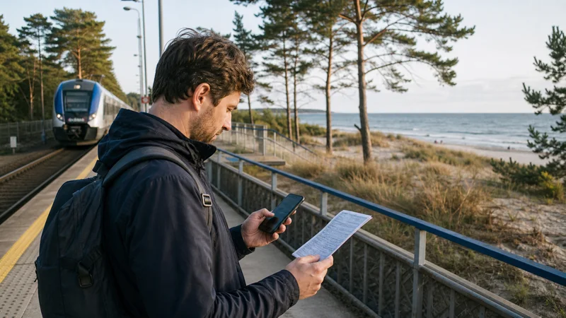 Traveller comparing eSIM plans on the Polish Baltic coast.