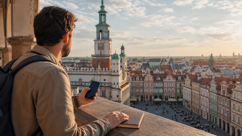 Traveller comparing eSIM plans near Poznań Old Market Square.