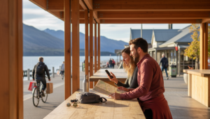 Travellers using an eSIM to access mobile data near the Queenstown waterfront in New Zealand