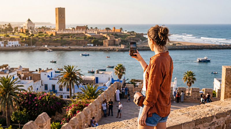 Tourist using an eSIM for mobile internet in Rabat Morocco