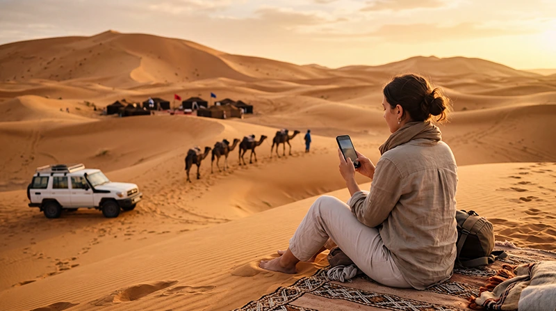 Tourist using an eSIM during a Sahara desert tour in Morocco