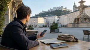 Traveller choosing an eSIM while overlooking Salzburg