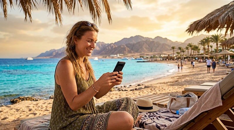 Tourist using an eSIM for mobile internet while visiting Sharm El Sheikh Egypt