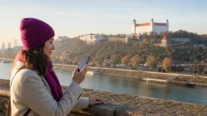 Traveller checking a smartphone beside the Danube with Bratislava Castle in the background.