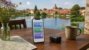 eSIM plan comparison beside a South Bohemian lake.