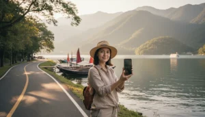 Tourist using smartphone with Taiwan eSIM while visiting Sun Moon Lake