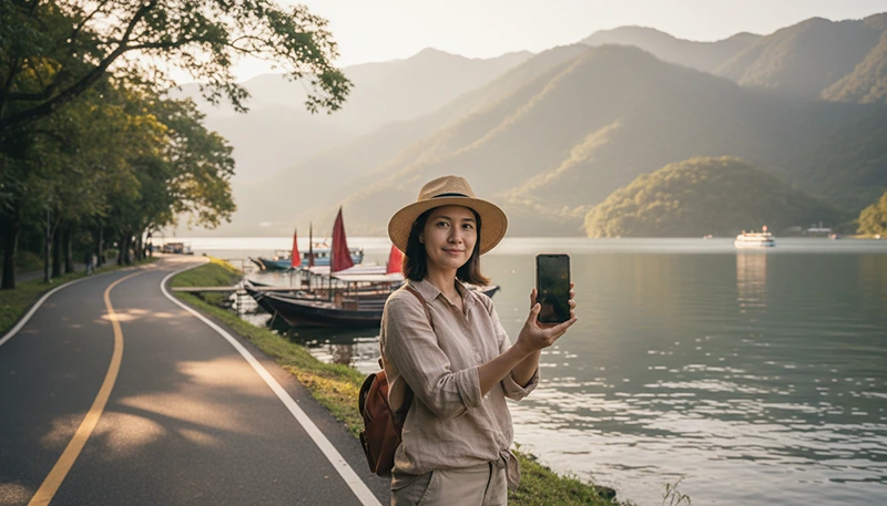 Tourist using smartphone with Taiwan eSIM while visiting Sun Moon Lake