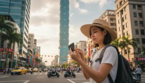 Tourist using a smartphone with eSIM internet while visiting Taipei Taiwan