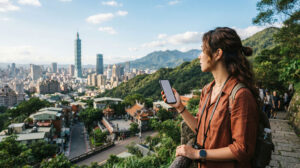 Traveller using an eSIM on a smartphone while exploring Taiwan