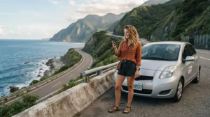 Traveller using a Taiwan eSIM for navigation during a scenic road trip