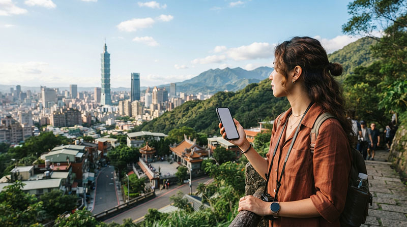 Traveller using an eSIM on a smartphone while exploring Taiwan