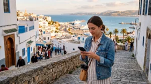 Tourist using an eSIM for mobile internet in Tangier Morocco