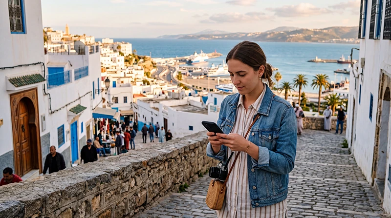 Tourist using an eSIM for mobile internet in Tangier Morocco