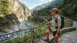 Tourist using smartphone with Taiwan eSIM while visiting Taroko Gorge National Park