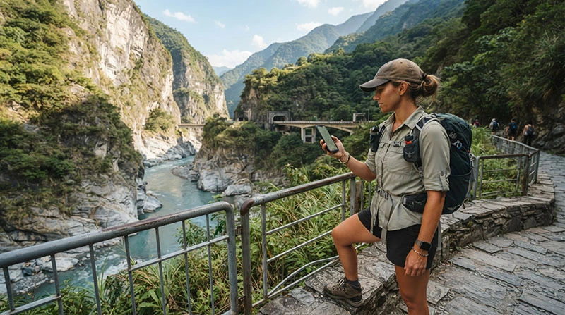 Tourist using smartphone with Taiwan eSIM while visiting Taroko Gorge National Park