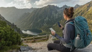 Hiker comparing mobile data options above a Tatra valley.