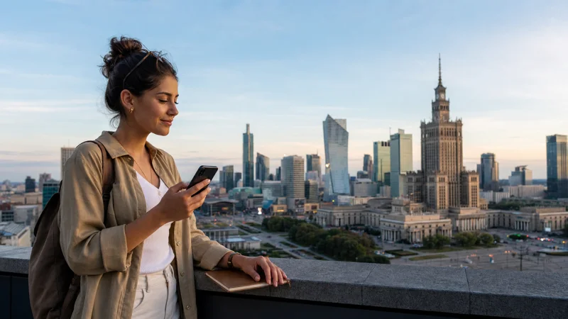 Traveller comparing eSIM options beside the Warsaw skyline.