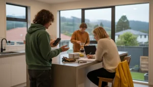 Working-holiday travellers comparing eSIM and mobile data options in shared accommodation in New Zealand