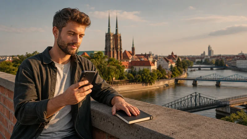 Traveller comparing eSIM options beside the Wrocław skyline.