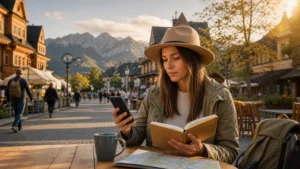 Traveller comparing eSIM plans on a scenic Zakopane street.
