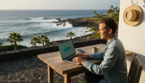 Remote worker using laptop and mobile internet while working in the Canary Islands