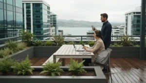 Digital nomads using laptop WiFi and mobile internet from a rooftop workspace in New Zealand