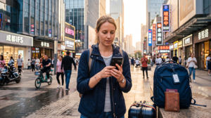 Tourist using the best mobile data option in China