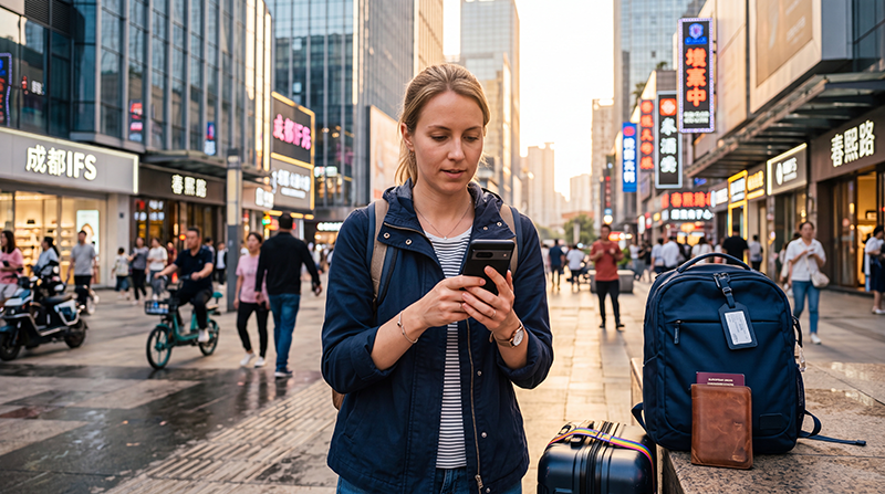 Tourist using the best mobile data option in China