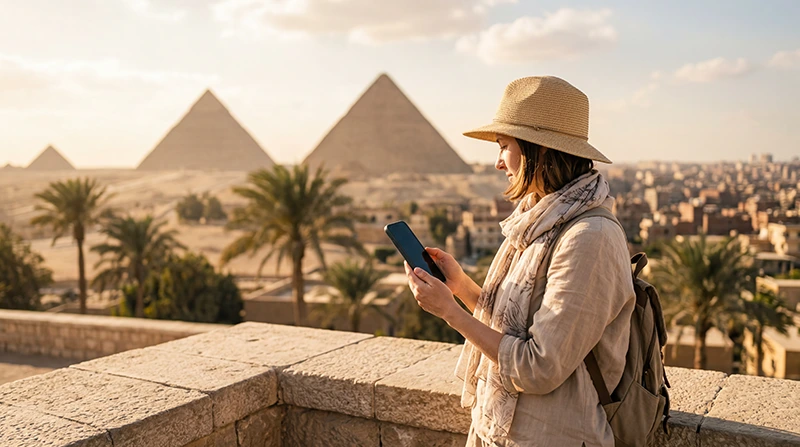 Tourist using mobile data while traveling in Egypt