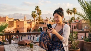 Tourist using mobile data while traveling in Morocco