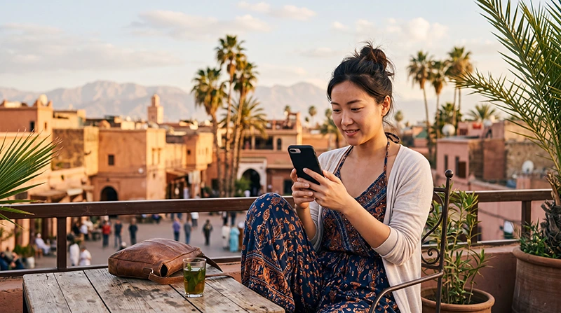 Tourist using mobile data while traveling in Morocco