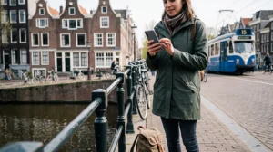 Tourist using mobile data while travelling in the Netherlands