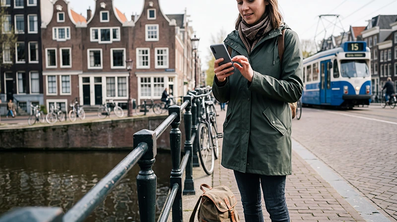 Tourist using mobile data while travelling in the Netherlands
