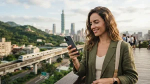 Traveller comparing mobile data plans while exploring Taiwan
