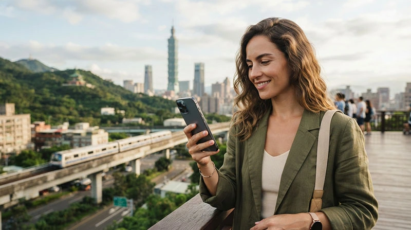 Traveller comparing mobile data plans while exploring Taiwan