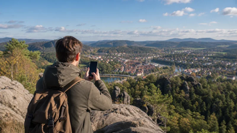 Traveller checking mobile signal at a viewpoint in the Czech Republic.