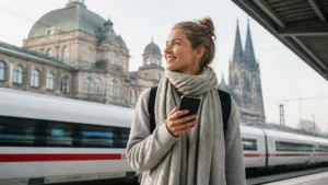 Tourist checking mobile network coverage on a smartphone while travelling through Germany