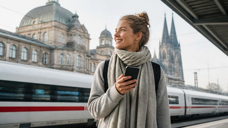 Tourist checking mobile network coverage on a smartphone while travelling through Germany