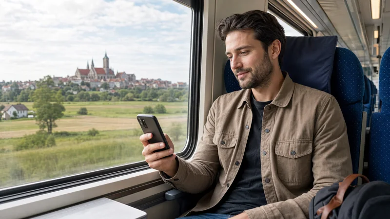 Traveller checking a smartphone aboard an intercity train in Poland.