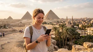 Tourist checking the best mobile network while traveling in Egypt